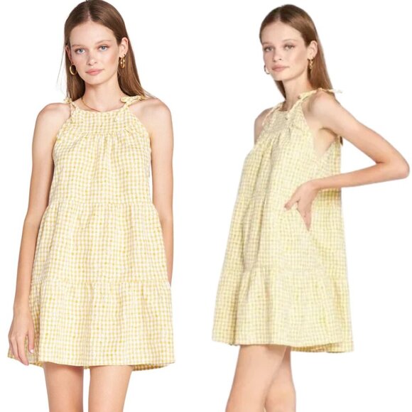 En Saison Kanika Gingham Embroidered Floral Mini Dress Women's Small Yellow NWOT - Picture 1 of 14